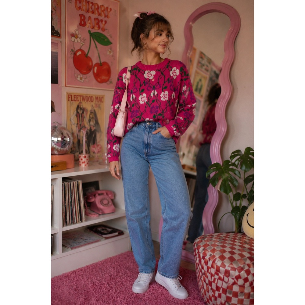 Chateau Vintage 90s Floral Rose Sweater Coquette Cottagecore Boho Pink Acrylic S
